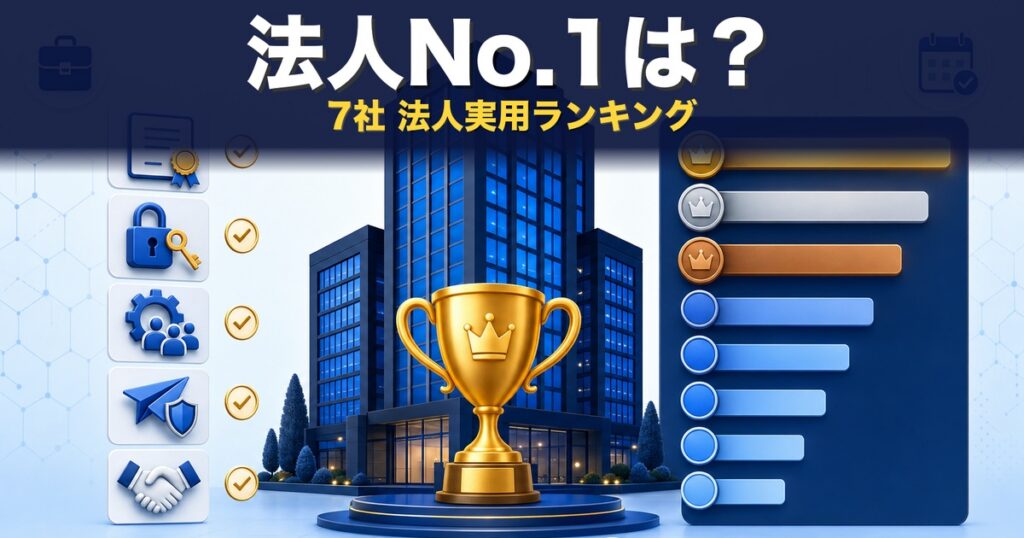 法人ファイル共有サービス7社の100点満点ランキング — オフィスビル＋金トロフィー＋5軸チェックリスト＋7段スコアバー