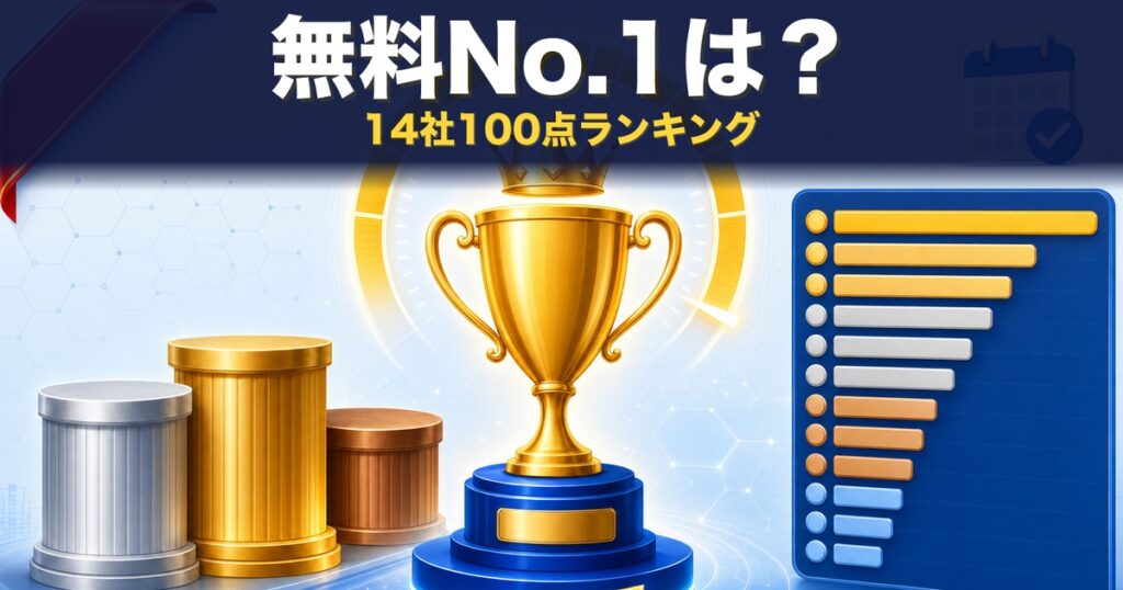 無料ファイル転送サービス14社の100点満点ランキング — 金トロフィー＋表彰台＋14段スコアバー