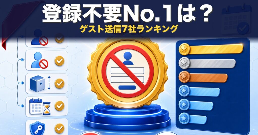 登録不要ファイル転送7社の100点満点ランキング — 金バッジ（登録不要マーク）＋5軸チェックリスト＋7段スコアバー