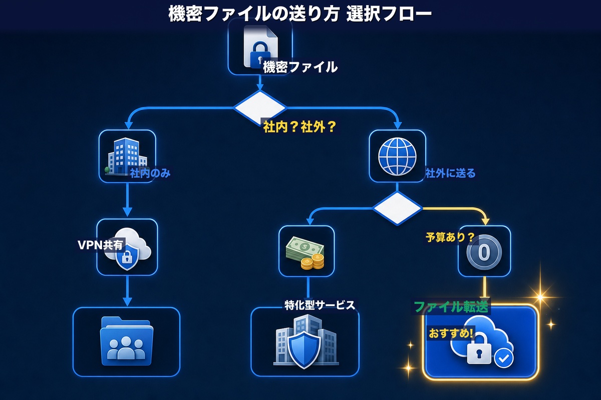 機密ファイルの送り方選択フロー — 社内ならVPN共有、社外で予算ありなら特化型サービス、予算なしなら暗号化ファイル転送サービスがおすすめ