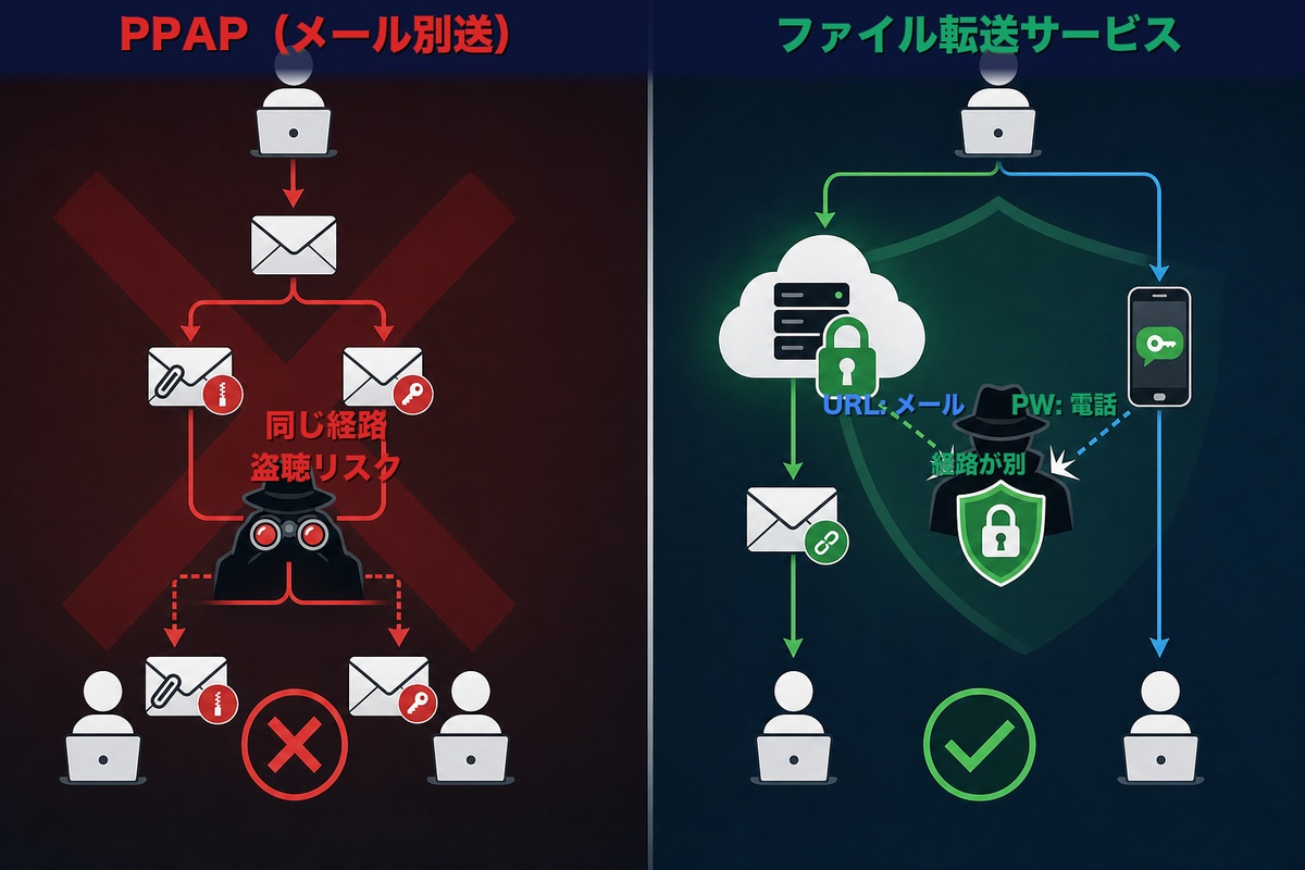 PPAPとファイル転送サービスのデータ経路を比較した図 — PPAPは同じメール経路で盗聴リスクがあり、ファイル転送サービスはURLとパスワードを別経路で送るため安全