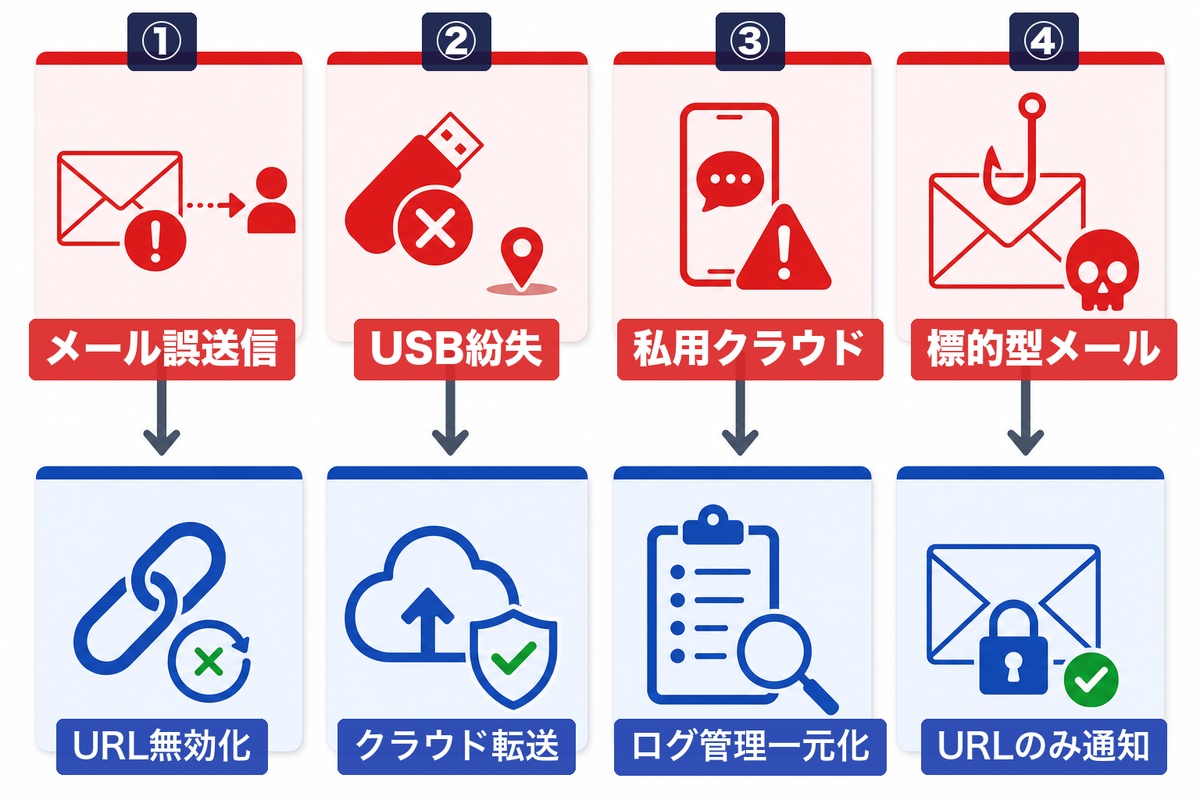 建設業の情報漏洩経路と対策 — メール誤送信、USB紛失、私用クラウド利用、フィッシングメール、それぞれの対策を表示