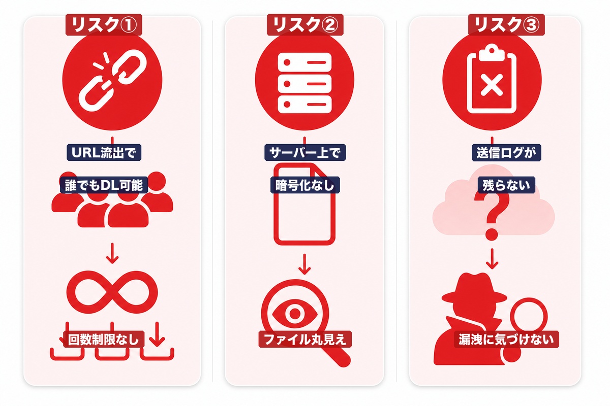 ギガファイル便の3つのセキュリティリスク — URL流出・暗号化なし・ログなしの問題点を図解