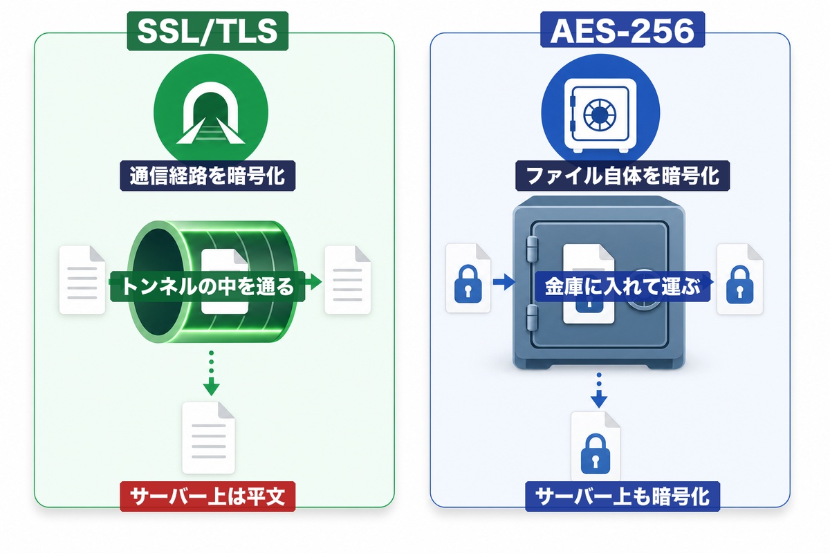 SSL/TLSとAES-256暗号化の違い — SSLは通信経路の暗号化(トンネル)、AES-256はファイル自体の暗号化(金庫)