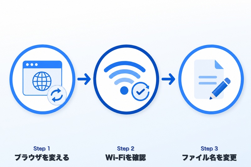 ギガファイル便アップロードエラーの3ステップ対処法 — ブラウザを変える・Wi-Fiを確認・ファイル名を変更