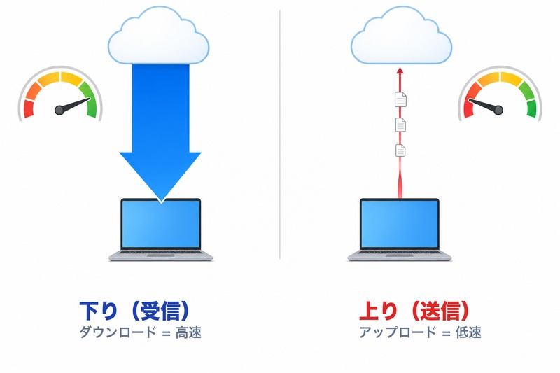 下り（受信）と上り（送信）の速度の違い — ダウンロードは高速だがアップロードは低速