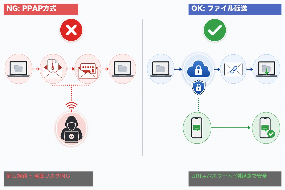 PPAPとファイル転送サービスのデータ経路を比較した図 — PPAPは同じメール経路で盗聴リスクがあり、ファイル転送サービスはURLとパスワードを別経路で送るため安全