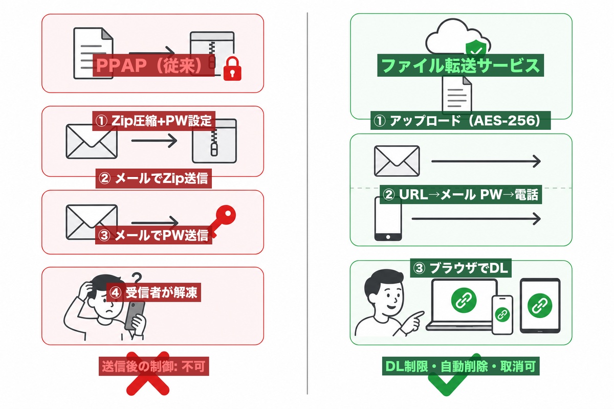 PPAPとファイル転送サービスの手順比較 — PPAPは4ステップで問題が多く、ファイル転送サービスは3ステップで安全性が高い