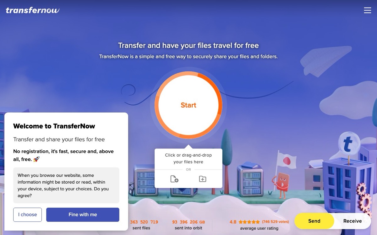 TransferNowのトップページ — フランスの老舗ファイル転送サービス
