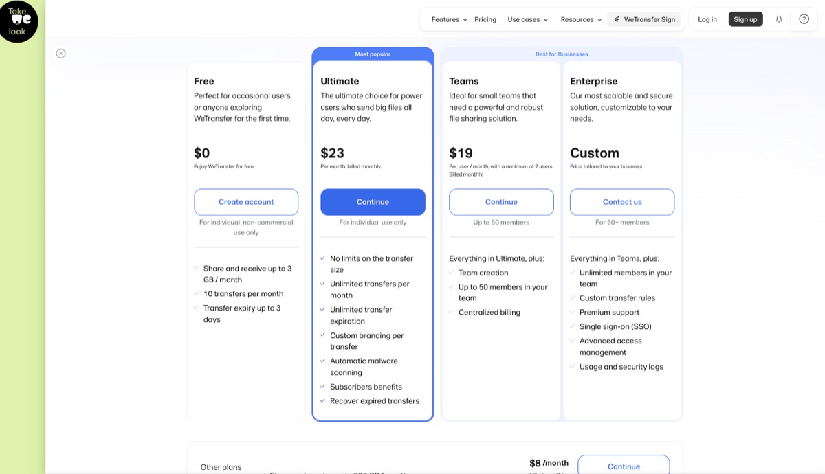 WeTransfer公式の料金プラン画面 — Freeは個人の非商用利用限定・3GB/月・10転送/月・保存3日、Ultimateに自動マルウェアスキャンと明記