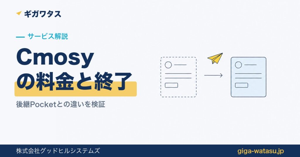Cmosyの料金と終了 — 破線の旧カードから実線の新カードへ矢印と紙飛行機が移るイラスト