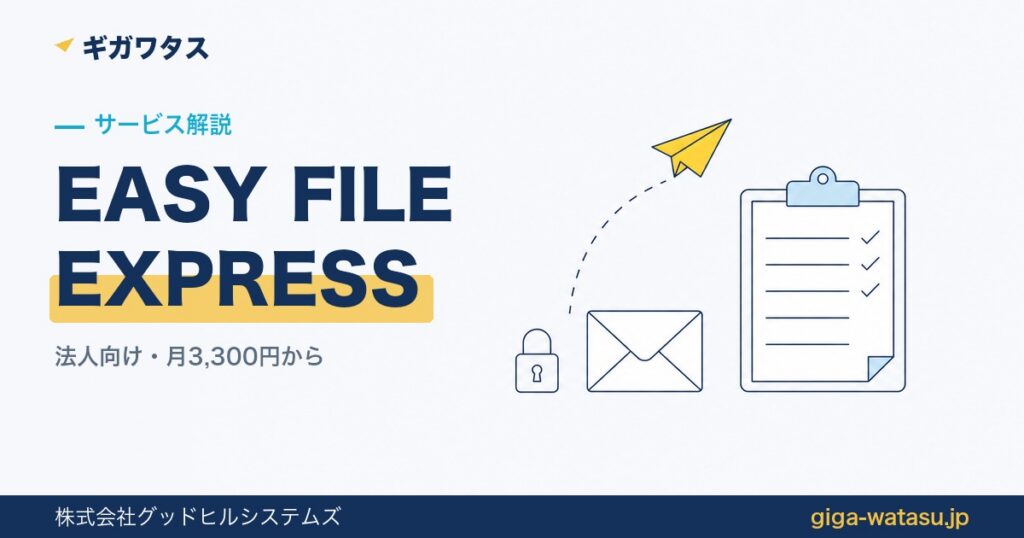 EASY FILE EXPRESSの料金と制限 — 操作ログのクリップボードと封筒を黄色い紙飛行機が運ぶイラスト