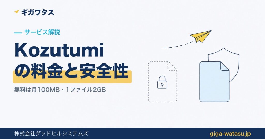 Kozutumiの料金と安全性 — 鍵つきファイルは受け付けず、素のファイルを盾で守って紙飛行機が運ぶイラスト