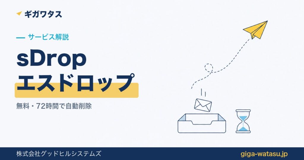 sDrop（エスドロップ）の仕組み — 受け取りトレイに落ちる封筒と砂時計を黄色い紙飛行機が見守るイラスト