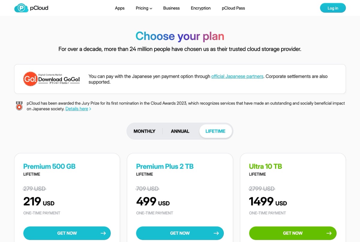 pCloud のライフタイム料金ページ — 500GB 219ドル、2TB 499ドル、10TB 1,499ドル