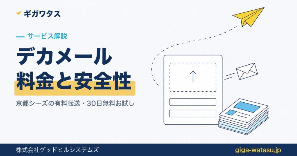 デカメールの仕組み — Web入稿フォームに大容量ファイルの封筒が届くイラストと黄色い紙飛行機