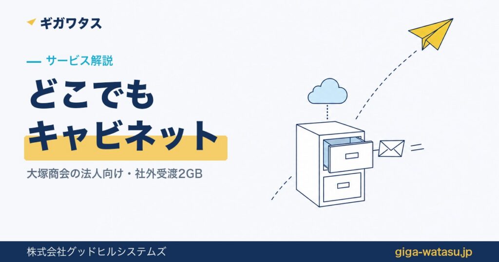 たよれーる どこでもキャビネットの仕組み — 社内のファイルキャビネットから社外へ封筒を渡すイラストと黄色い紙飛行機