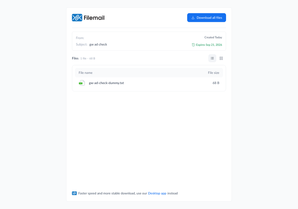 Filemailのダウンロード画面 — 当社が無料で送ったダミーファイルの受け取り画面。第三者の広告枠はなく、自社アプリの案内1行のみ（2026年9月14日）